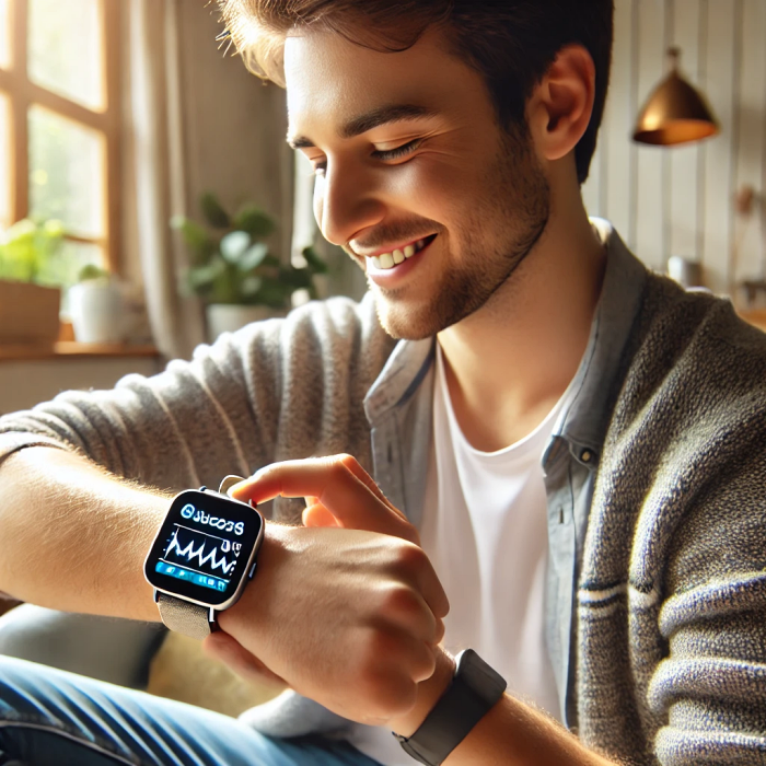 거실에서 스마트워치를 사용해 혈당을 확인하는 사용자. 스마트워치 화면에 혈당 그래프가 표시된 모습.