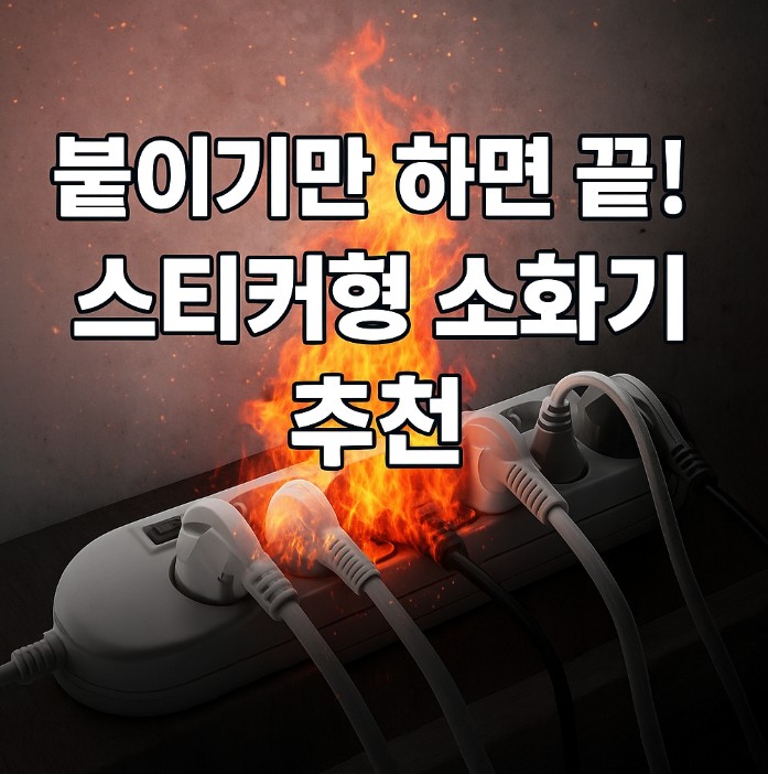 티탭에서 불이 나는 화재 장면 위에 '붙이기만 하면 끝! 스티커형 소화기 추천'이라는 문구가 강조된 이미지. 전기 화재 예방을 위한 소화기 제품 소개용 썸네일