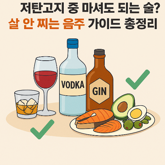 저탄고지 중 마셔도 되는 술 가이드를 설명한 인포그래픽. 위스키, 와인, 보드카, 진과 함께 연어, 아보카도, 달걀, 올리브, 치즈가 접시에 놓여 있고, 각 항목 옆에 녹색 체크 표시가 있다.
