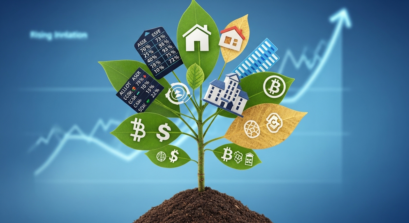 인플레이션에 대비하여 다양한 자산으로 균형 있게 구성된 투자 포트폴리오를 나타내는 이미지.