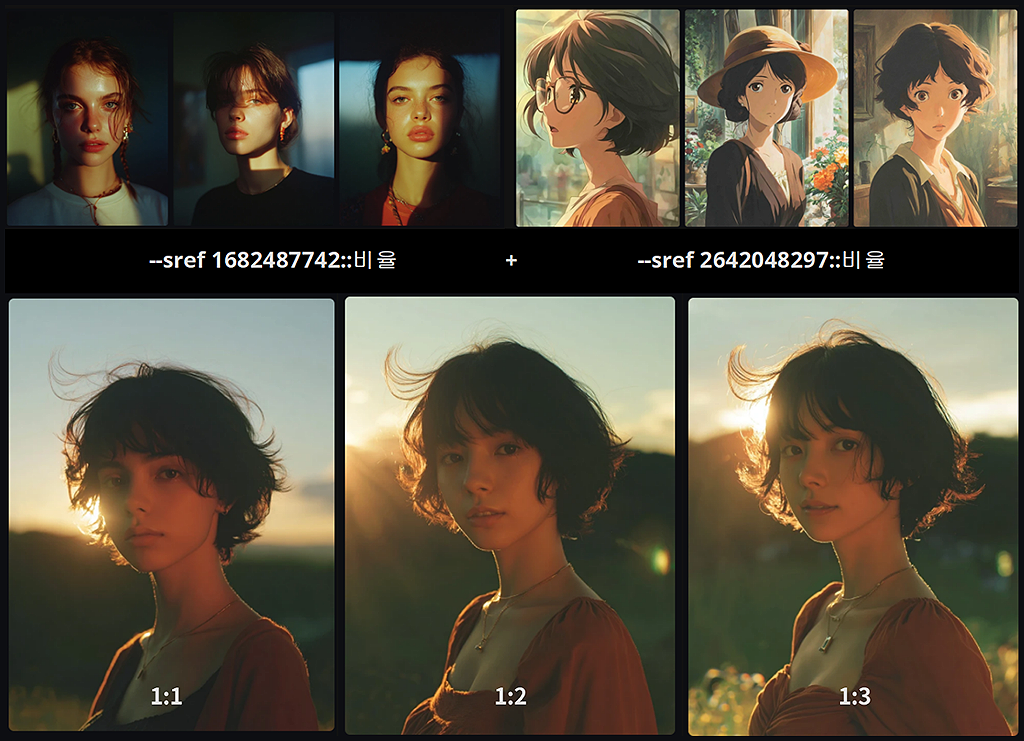 애니메이션 스타일과 실사 포토가 결합된 대비형 스타일 믹스 결과_Midjourney