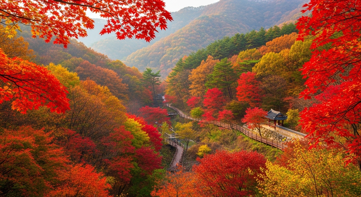 2025년 가을 화담숲의 붉고 노란 단풍이 절정을 이룬 풍경. 고즈넉한 숲길과 아기자기한 정원이 어우러진 경기도 광주의 아름다운 수목원 전경.