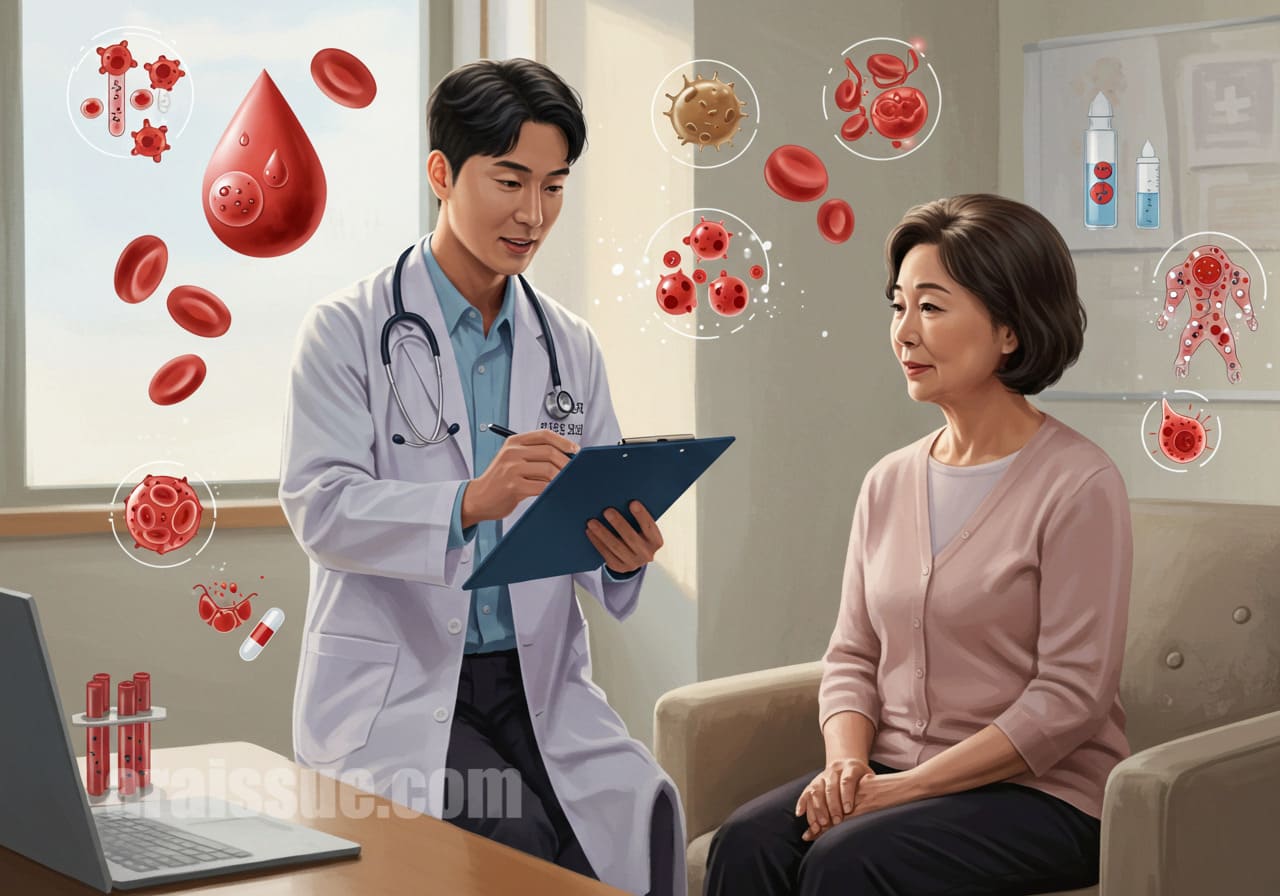 의사가 환자에게 CRP, ESR 검사 결과를 설명하는 장면