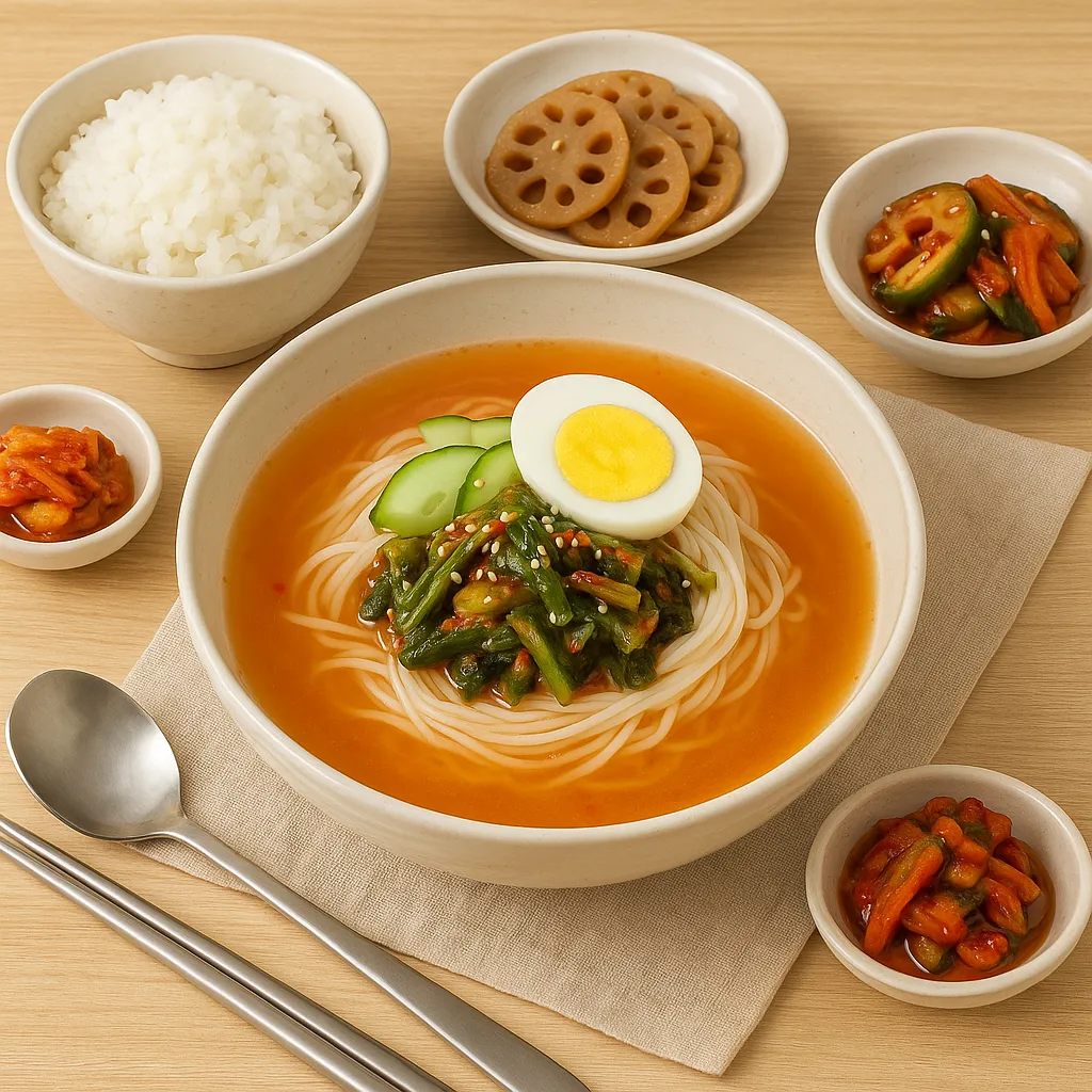 열무김치 국수말이와 반찬이 차려진 식탁