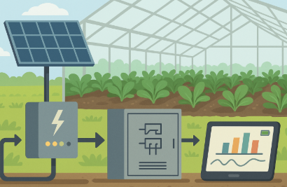 온실 내부에서 태양광 패널, 전력 제어 시스템, 전력 사용 모니터링 디바이스가 유기적으로 연결되어 농작물에 안정적인 전기를 공급하는 스마트팜 전력관리 구조
