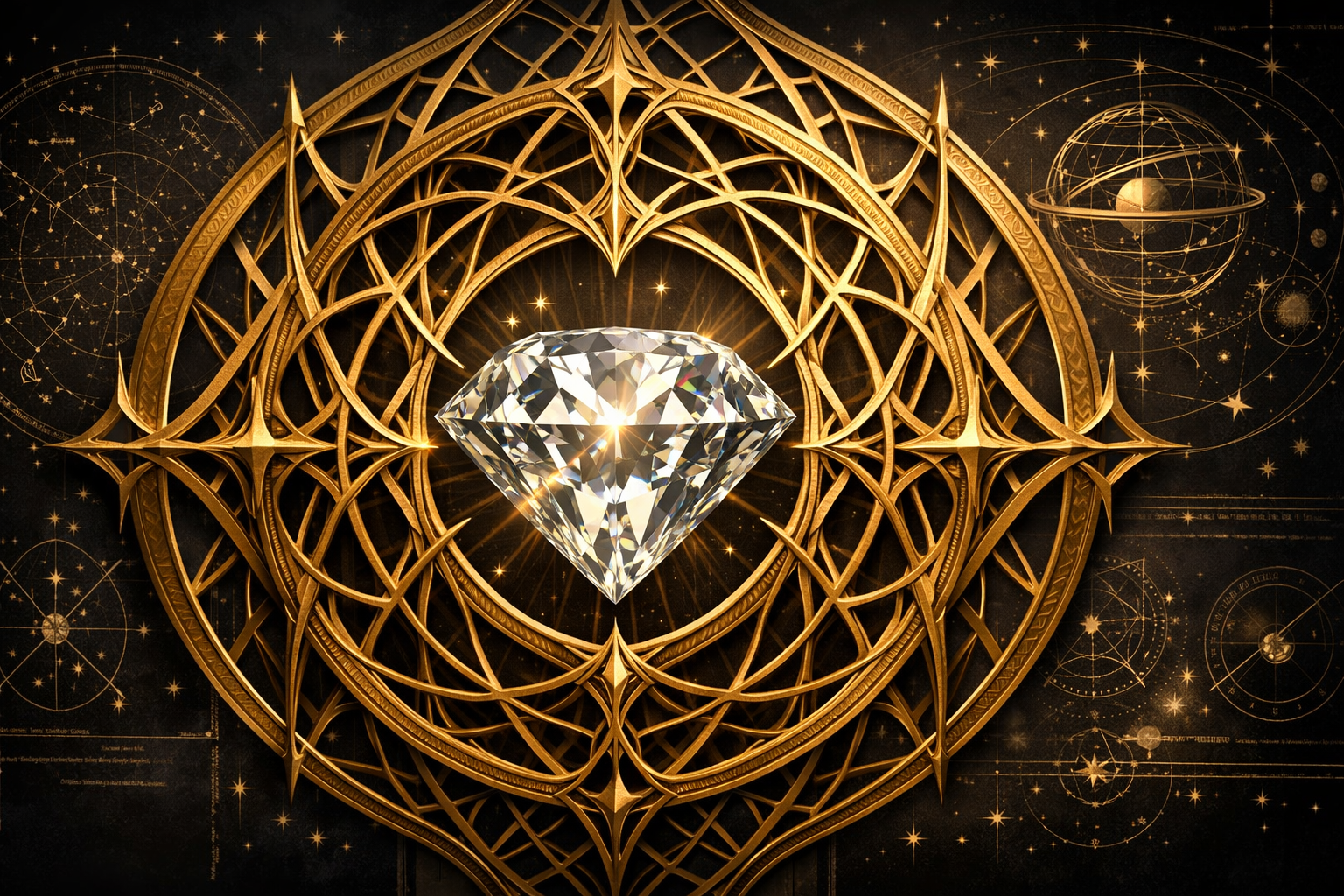 정교한 황금 골조와 보석을 통해 격국의 안정성과 가치를 표현한 와이드 그래픽.