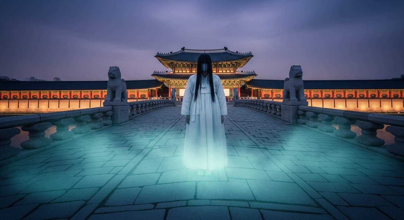 황혼 무렵 조명이 켜진 한국 전통 궁궐 다리, 양쪽 해태상 사이 다리 중앙에 긴 검은 머리를 가진 하얀 한복의 반투명 귀신이 서 있는 섬뜩한 장면