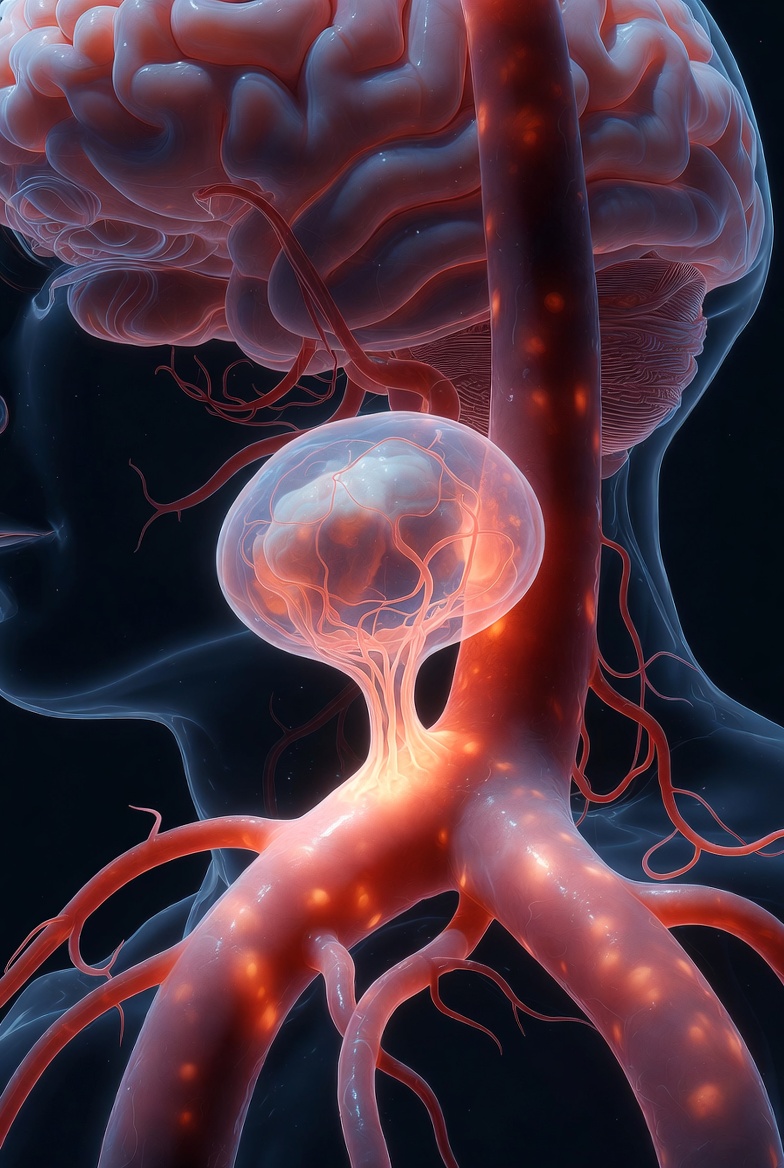 뇌 기저부의 굵은 혈관 한곳이 풍선처럼 부풀어 오른 뇌동맥류(꽈리) 현상을 시각화한 3D 의학 일러스트. 투명한 인체 실루엣 내부의 붉은 혈관과 뇌 구조가 강조됨.