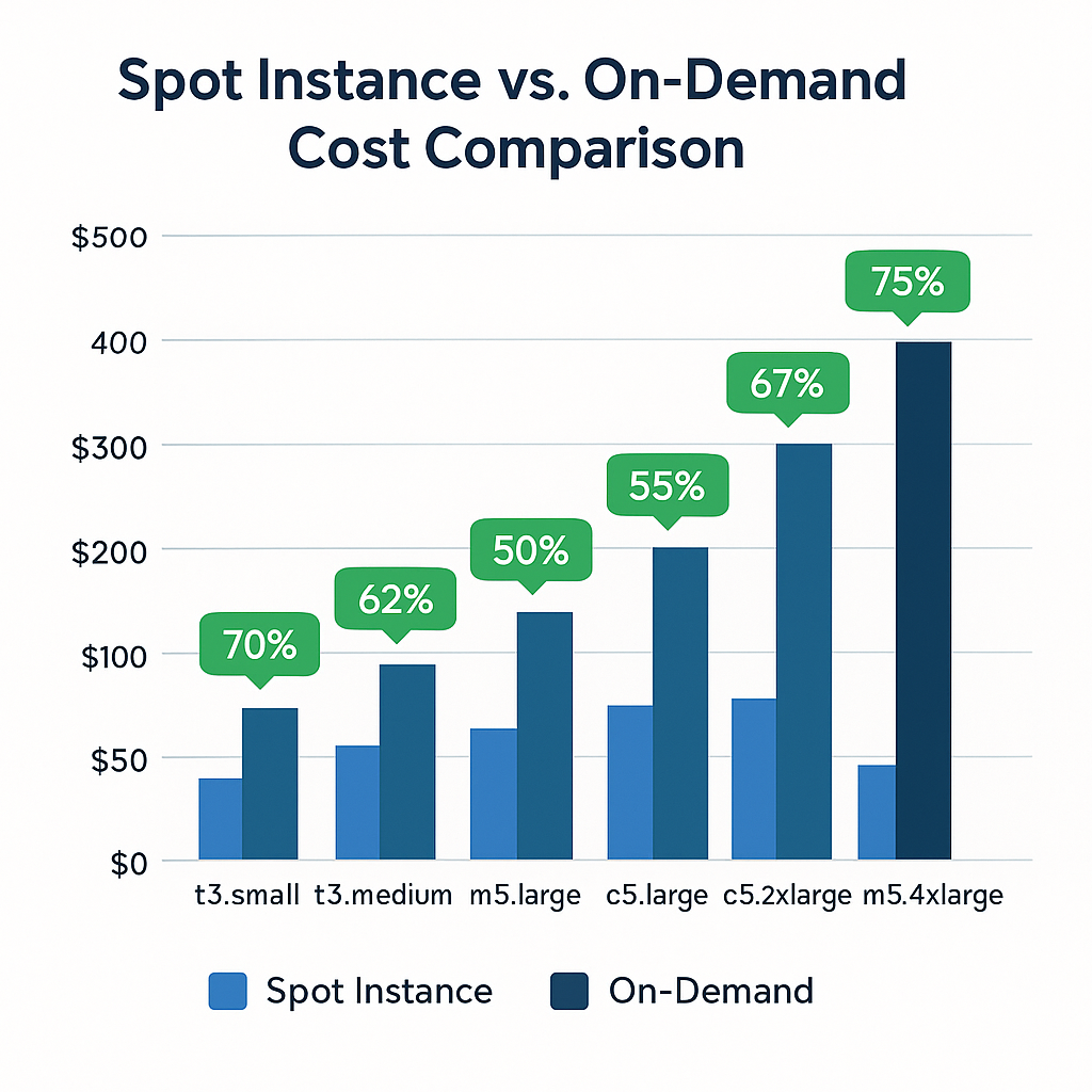 스팟 인스턴스 vs 온디맨드 인스턴스 비용 비교 차트 - AWS EC2 유형별 절약률 분석