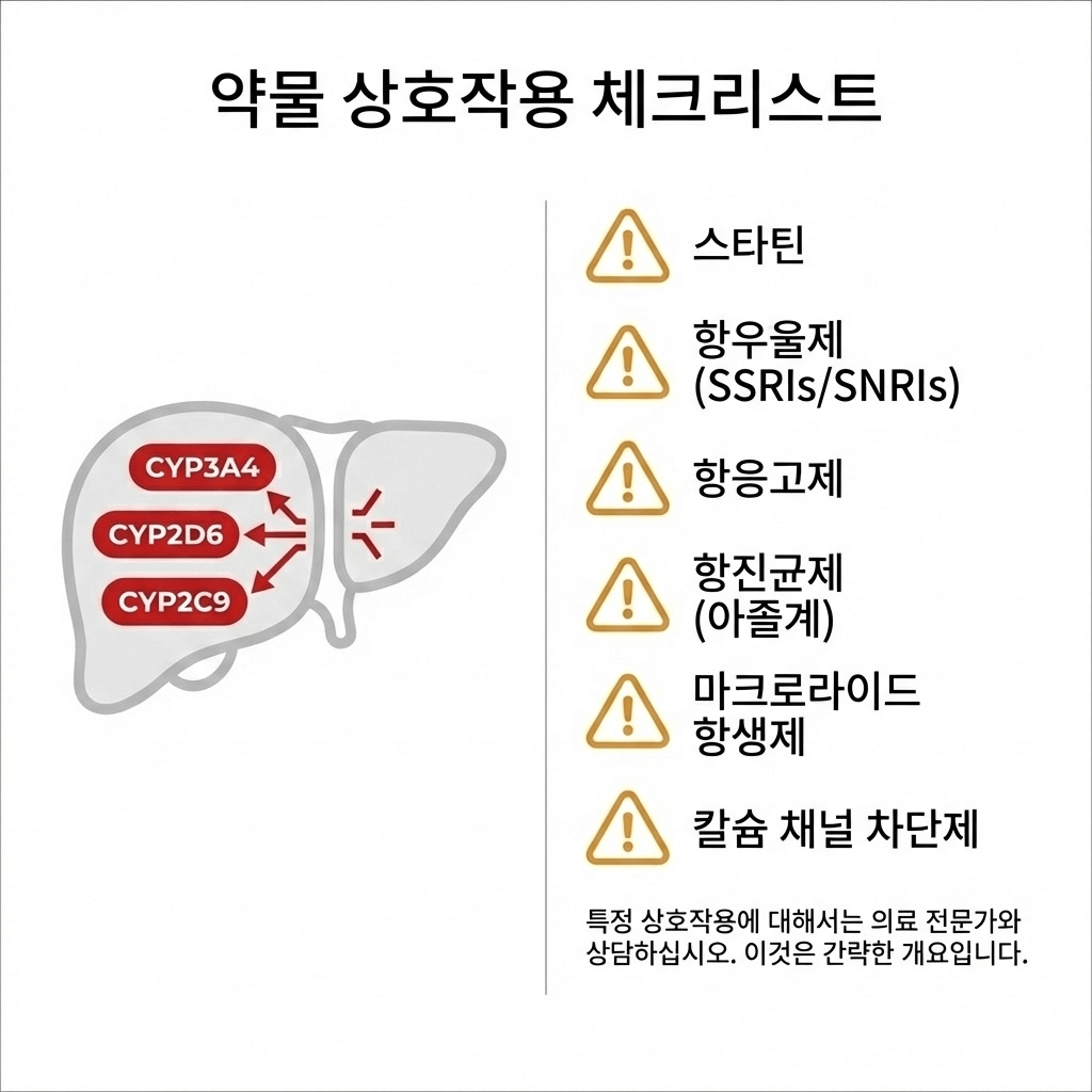 베르베린 약물 상호작용 체크리스트 — CYP3A4·CYP2D6·CYP2C9 억제 경로와 주의 약물