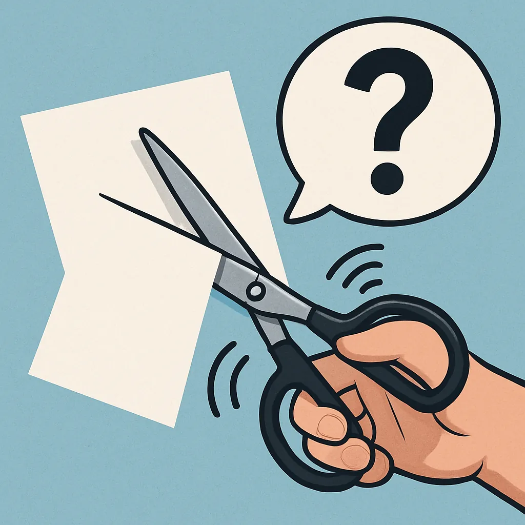 종이를-자를-때-나는-가위-소리의-이유를-묘사한-일러스트로-가위를-든-손과-소리-곡선-질문표시가-강조됨