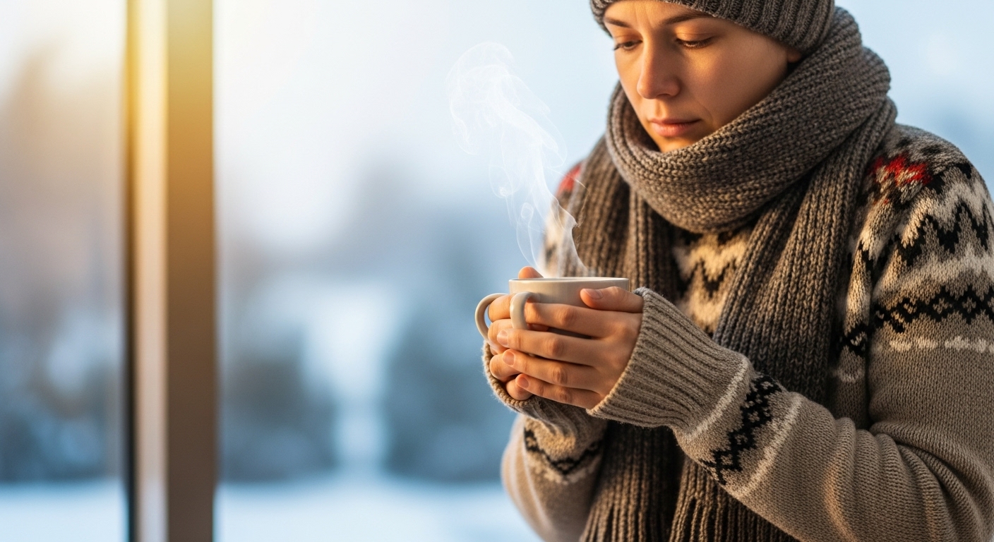 따뜻한 스웨터와 머플러를 착용한 사람이 따뜻한 차를 마시며 추위를 이겨내려는 모습