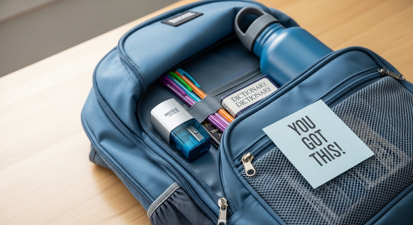 필기구, 물통 등 중학생 필수품으로 채워진 깔끔한 백팩이 책상 위에 놓여 있는 모습.