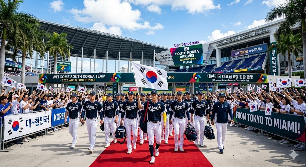 2026 WBC 8강 진출을 확정하고 마이애미 론디포 파크로 향하는 대한민국 야구 대표팀의 장엄한 모습
