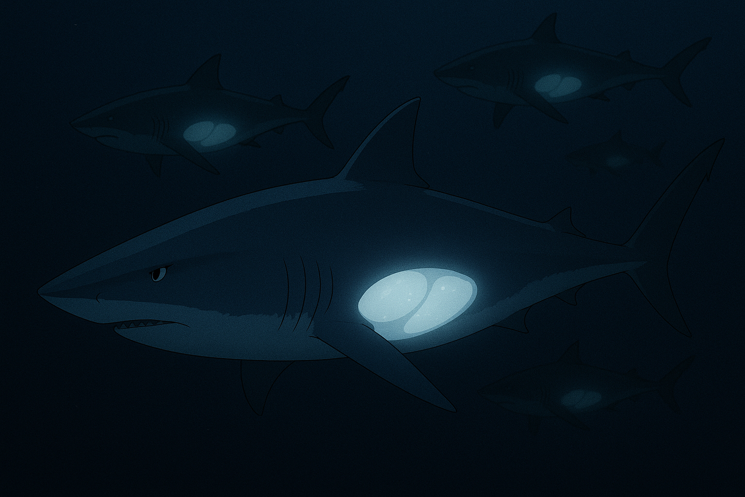 심해 속 여러 마리 상어가 푸른빛으로 빛나는 간을 드러내며 헤엄치는 장면, 스쿠알렌의 기원과 원료를 표현한 일러스트