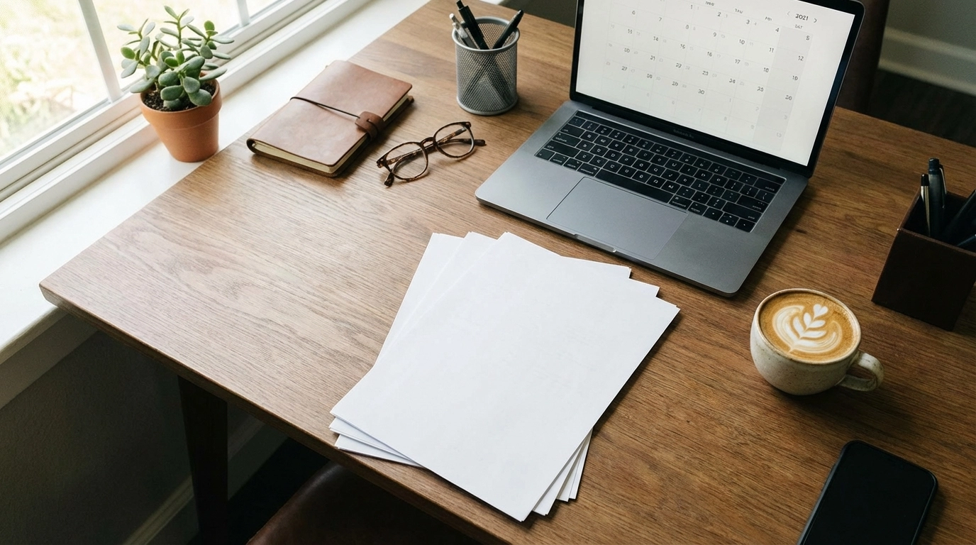 이력서를 작성하는 직장인의 책상 위 모습