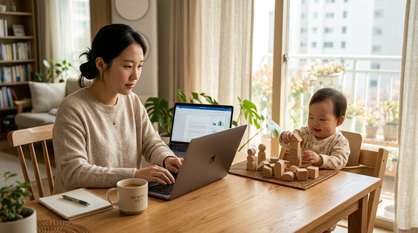 육아와 블로그, 스마트스토어 부업을 병행하며 열심히 일하는 엄마의 모습