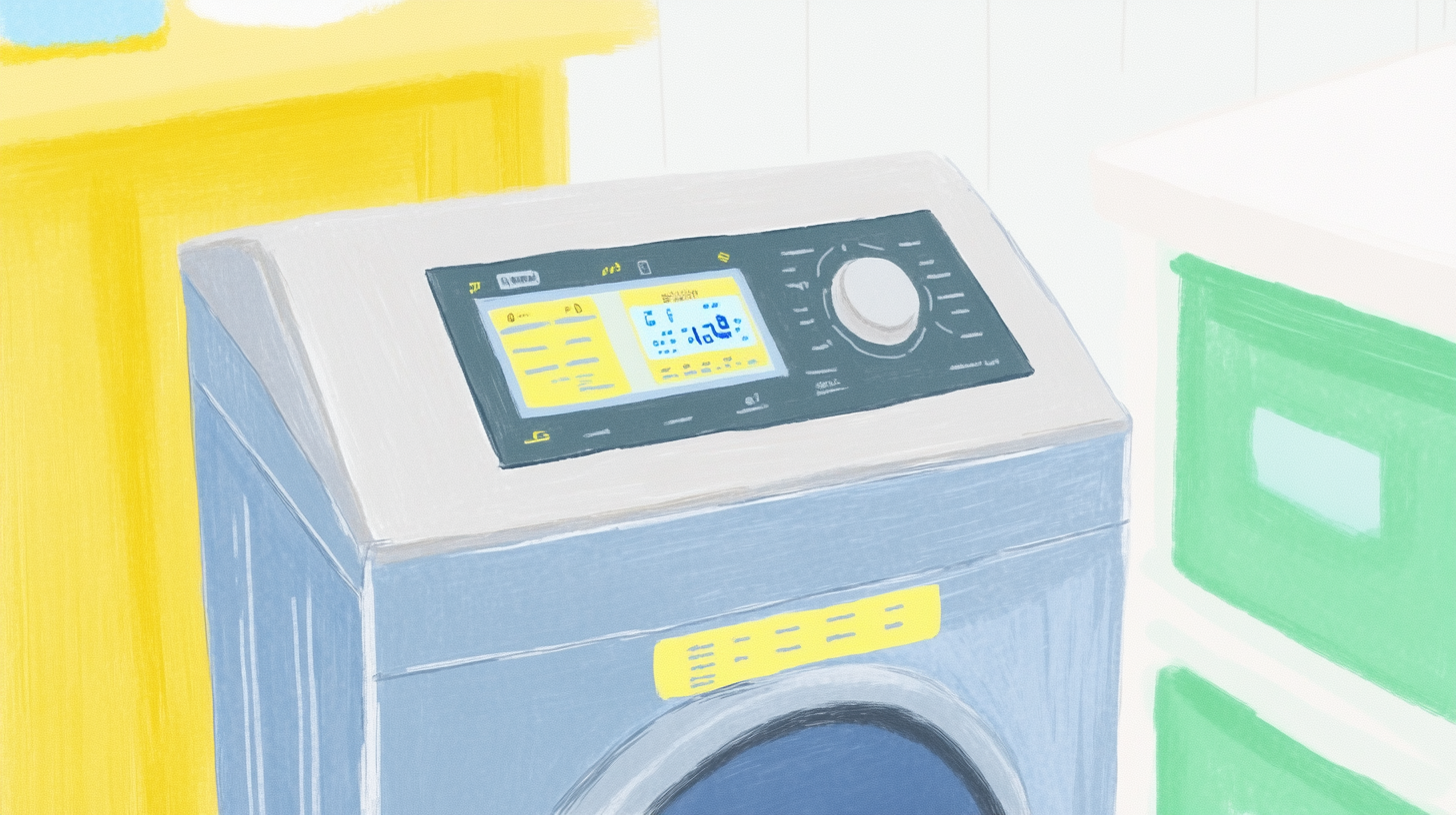 세탁실 배경에 조화를 이루며 메탈릭 마감과 스마트 디스플레이가 돋보이는 삼성 WF2117HCVVC 세탁기 이미지입니다.