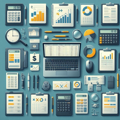 다양한 데이터 분석 도구와 사무용품이 배열된 이미지입니다.