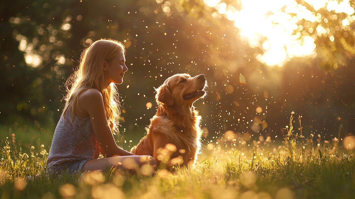 woman & her golden retriever dog