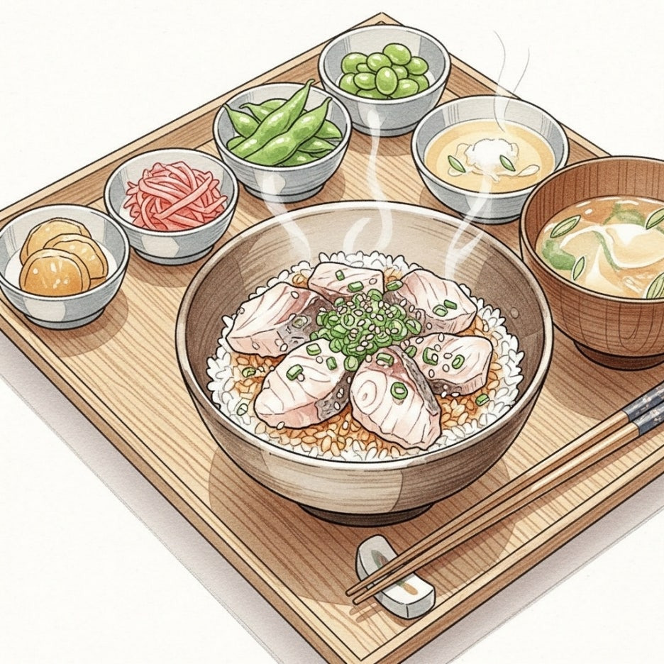 정갈하게 차려진 마쓰야마 전통 도미 덮밥 정식