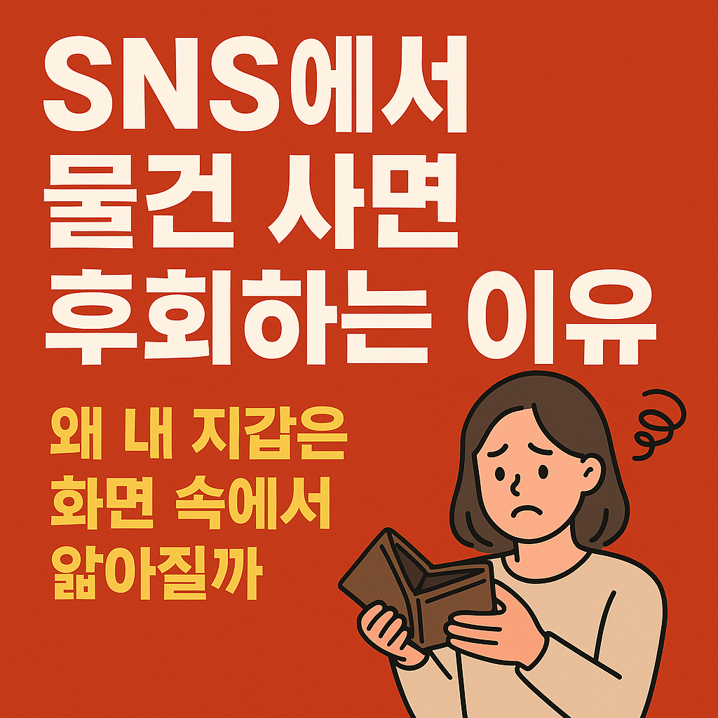 SNS에서 물건 사면 후회하는 이유를 표현한 이미지, 빈 지갑을 들고 걱정하는 여성 일러스트