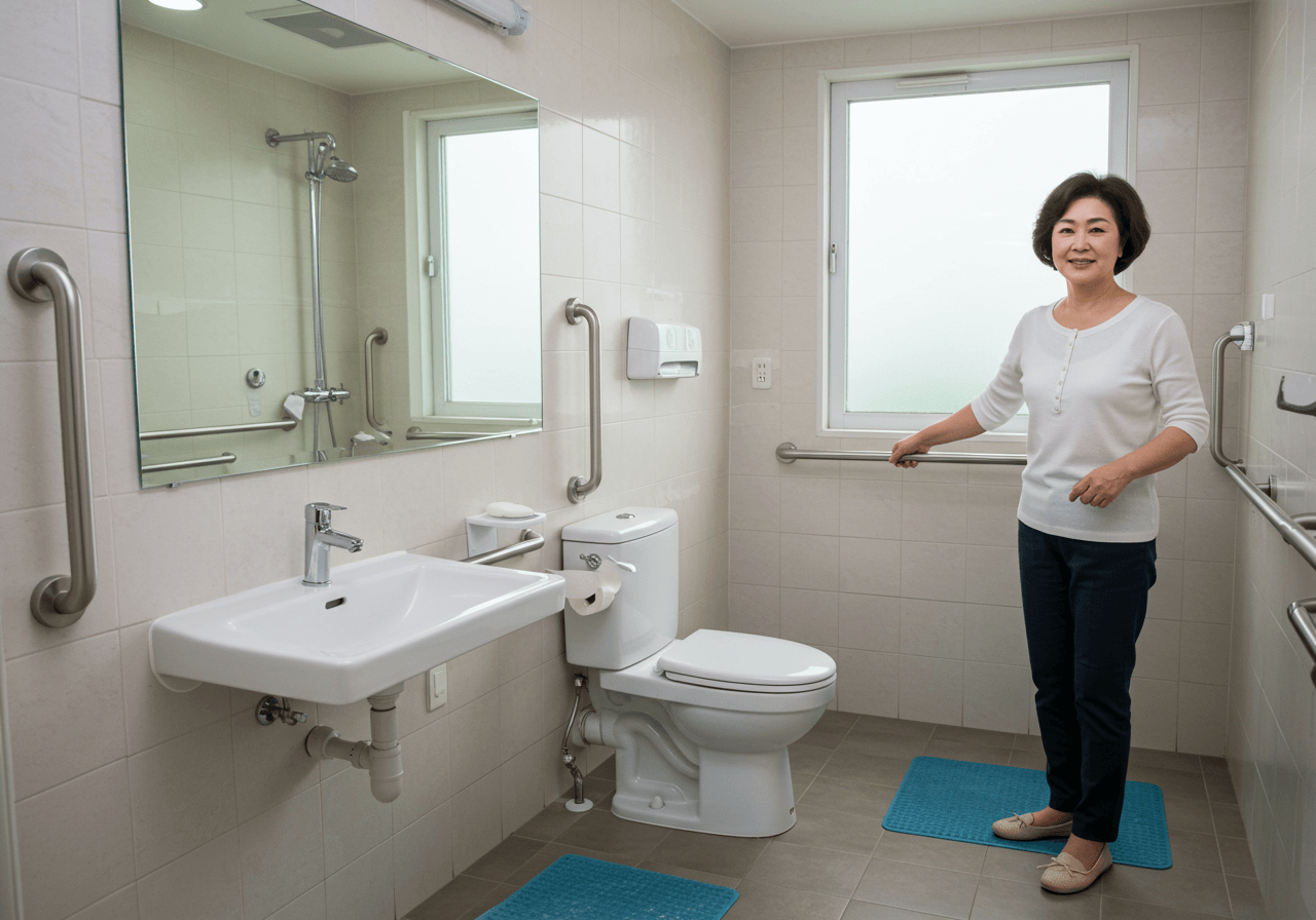 화장실 안전 손잡이를 잡고 서 있는 50대 한국인 여성, 기립성 저혈압 환자의 낙상 예방 환경