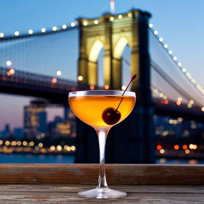 마라스키노 체리로 장식된 세련된 호박색의 브루클린 칵테일 완성 사진