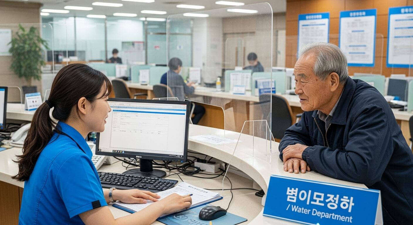 물 관련 부서 안내판 앞에서 고령 남성이 상담원과 상수도 납부 내역을 문의하는 모습