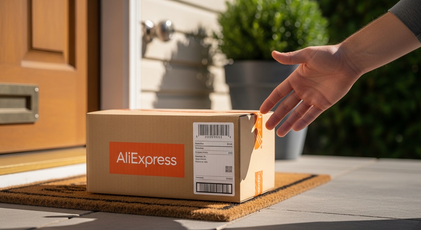 알리익스프레스 로고가 박힌 택배 상자가 집 앞에 도착하여, 손이 상자를 집어 드는 모습.