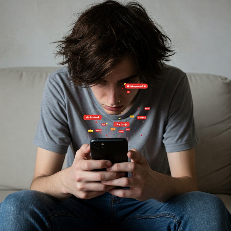 끊임없이 울리는 알림에 중독된 듯 스마트폰을 멍하니 쳐다보는 현대인의 모습