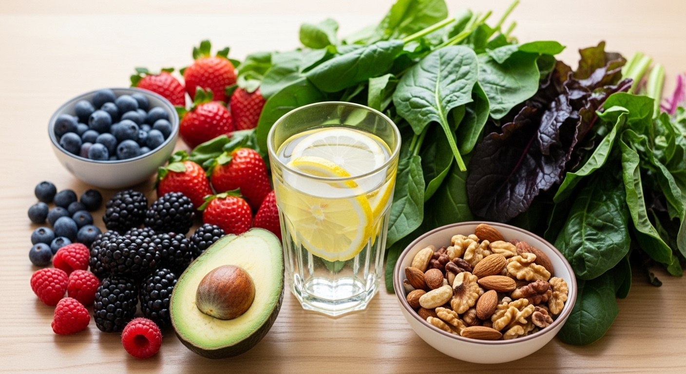 신선한 베리류, 잎채소, 아보카도, 견과류, 레몬 물 한 잔이 나무 테이블 위에 아름답게 놓여있는 플랫 레이 사진. 건강한 식단과 수분 섭취의 중요성을 강조합니다.