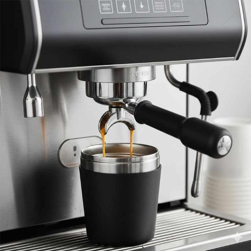 편의점 커피 머신에서 개인 텀블러에 커피를 추출하는 모습