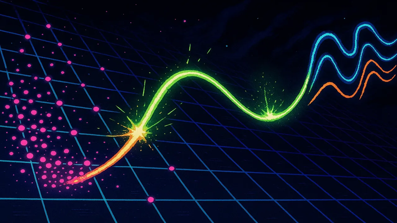 점 입자에서 진동하는 끈으로의 패러다임 전환을 보여주는 개념도