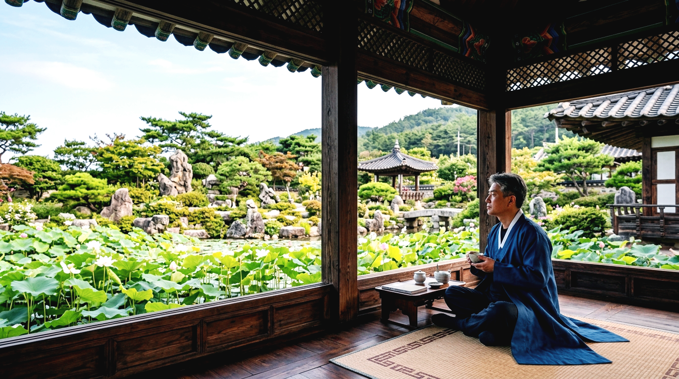 보길도 세연정 정자에 앉아 연못을 바라보며 사색하는 한국인 남성의 모습