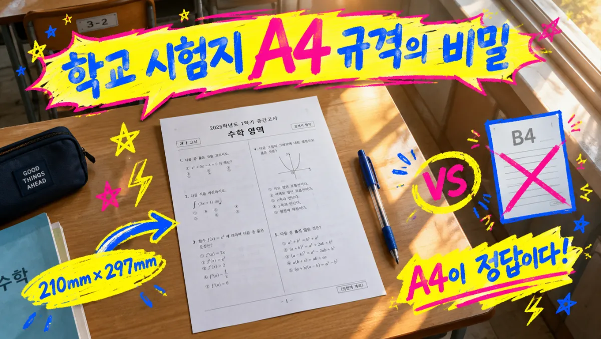 교실 책상 위 A4 규격의 학교 시험지와 필기구, 형광색 낙서와 한글 텍스트가 어우러진 믹스드 미디어이미지