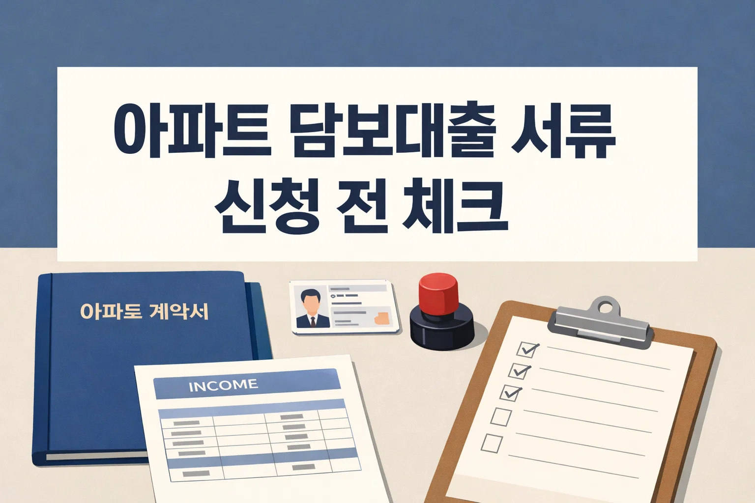아파트 담보대출 서류를 신청 전에 무엇부터 준비해야 하는지 핵심 서류와 확인 흐름이 한눈에 보이도록 정리한 이미지