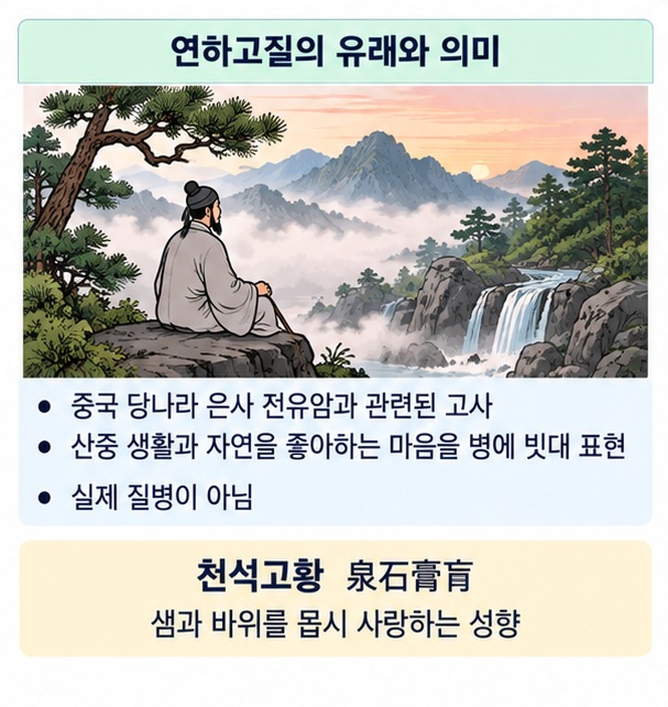 연하고질의 유래와 산수 자연을 고질병처럼 사랑하는 비유를 보여주는 이미지
