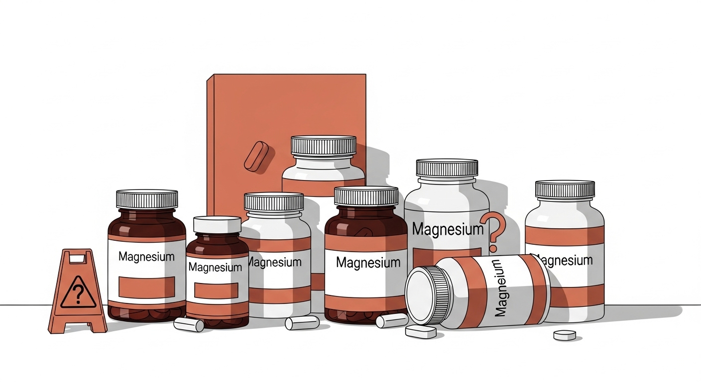 다양한 마그네슘 보충제 병들과 주의 표시가 함께 있어 올바른 섭취의 중요성을 나타내는 이미지.