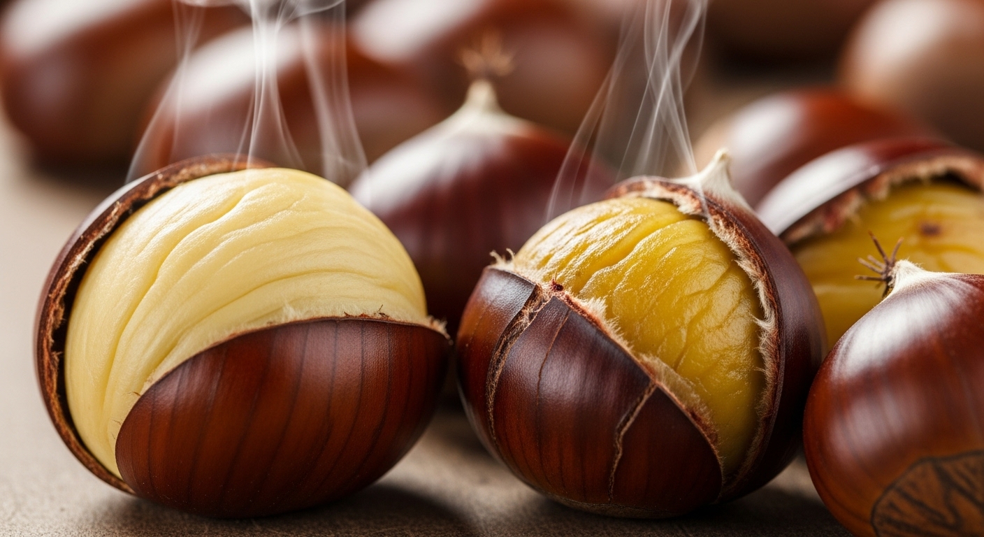 껍질이 깨끗하게 벗겨진 밤과 일부 껍질이 벗겨진 밤들. 촉촉하고 부드러워 보이는 밤의 속살.