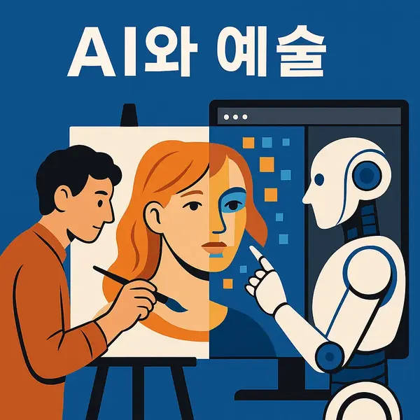 인간 화가와 AI 로봇이 함께 여성 인물 초상화를 완성하는 장면을 담은 일러스트 &ndash; 전통 예술과 디지털 기술의 협업을 상징하는 이미지.