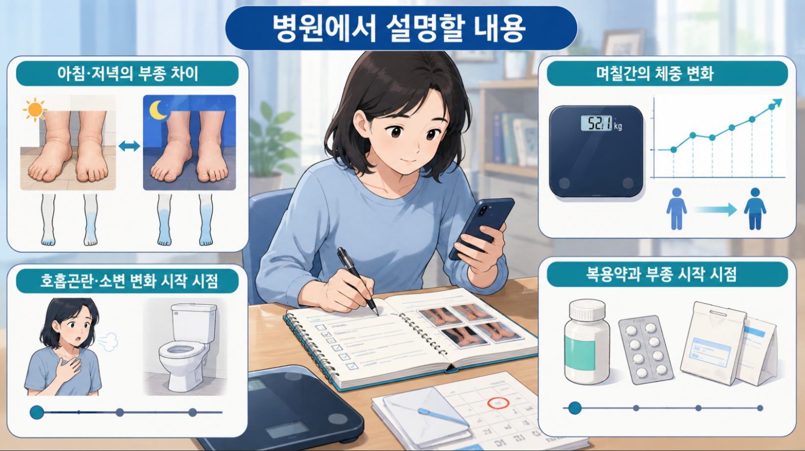 병원 진료 전에 기록하면 도움이 되는 아침&middot;저녁 부종 차이, 며칠간의 체중 변화, 호흡곤란&middot;소변 변화 시작 시점, 복용약과 부종 시작 시점을 정리한 메디컬 인포그래픽