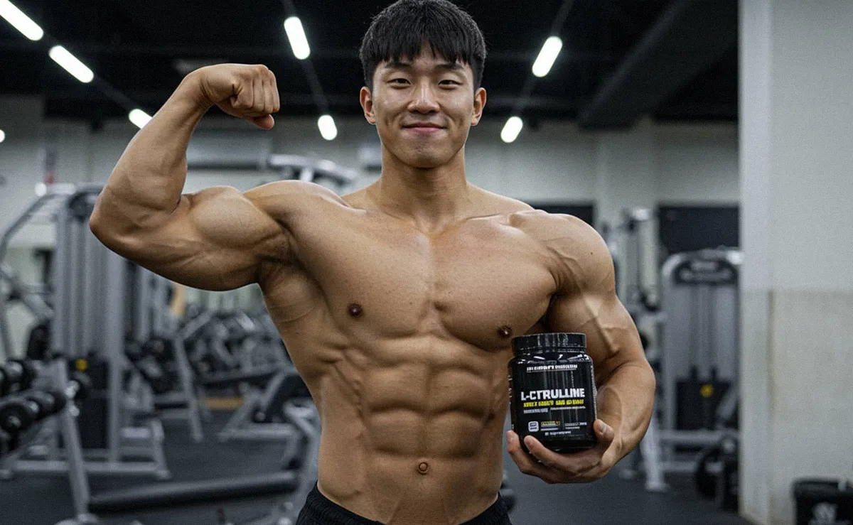 헬스장에서 엘시트룰린 보충제를 들고 이두근 포징을 하는 남성 보디빌더