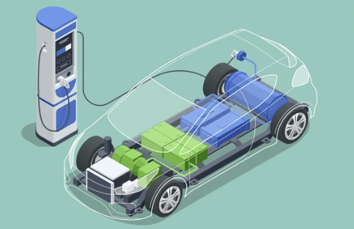 "전기차 내부 구조도 &ndash; 배터리, 전기 모터, 충전 시스템이 투명한 차체 안에 시각적으로 표현된 이미지"