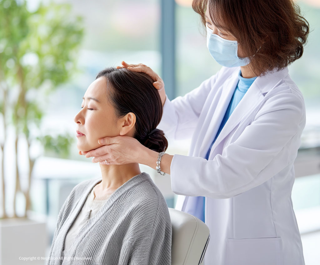 앉은 자세에서 귀 주변을 진단 중인 여성 의사와 환자