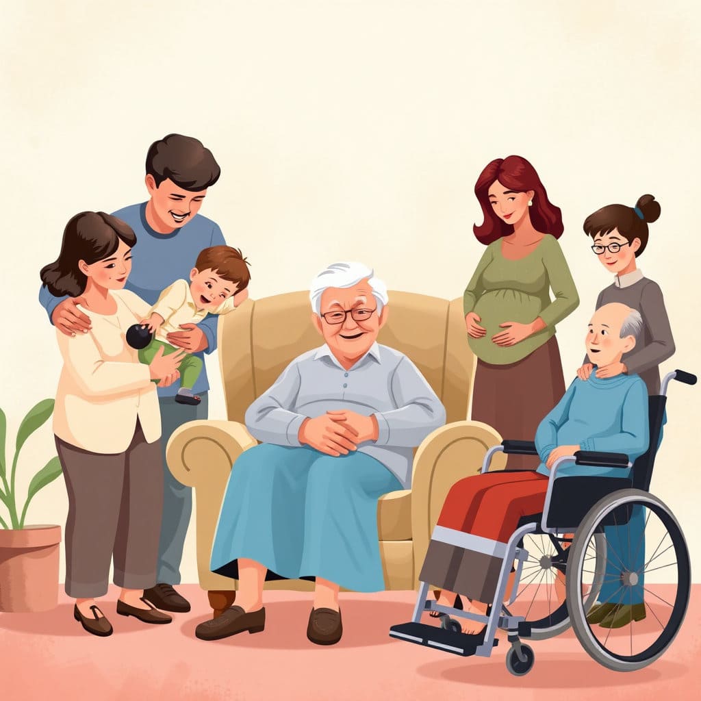 에너지바우처 지원 대상에 해당하는 어르신, 장애인, 영유아를 안고 있는 부모, 임산부, 중증/희귀/중증난치 질환자, 한부모 가족 구성원의 특징을 살린 따뜻한 일러스트 또는 사진입니다. 각 대상이 편안하고 안정적으로 보이는 모습을 표현합니다.