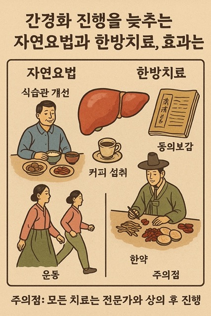 간경화 진행을 늦추는 자연요법과 한방치료를 표현한 인포그래픽.(출처: 자체제작)