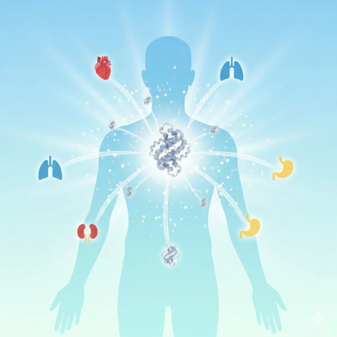 사람의 인체 실루엣 주위에 심장&amp;#44; 폐&amp;#44; 위&amp;#44; 간 등 주요 장기 아이콘들이 배열되어 있고&amp;#44; 알부민 분자가 이 모든 장기를 연결하고 활성화하는 듯한 시각적인 흐름을 표현합니다. 