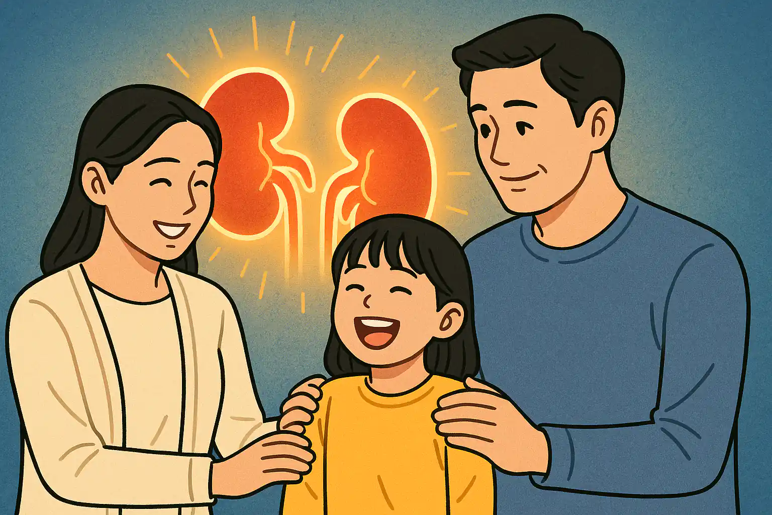 건강검진을 받고 밝게 웃는 아이와 안심하는 부모. 배경에 신장이 튼튼하게 빛나는 모습