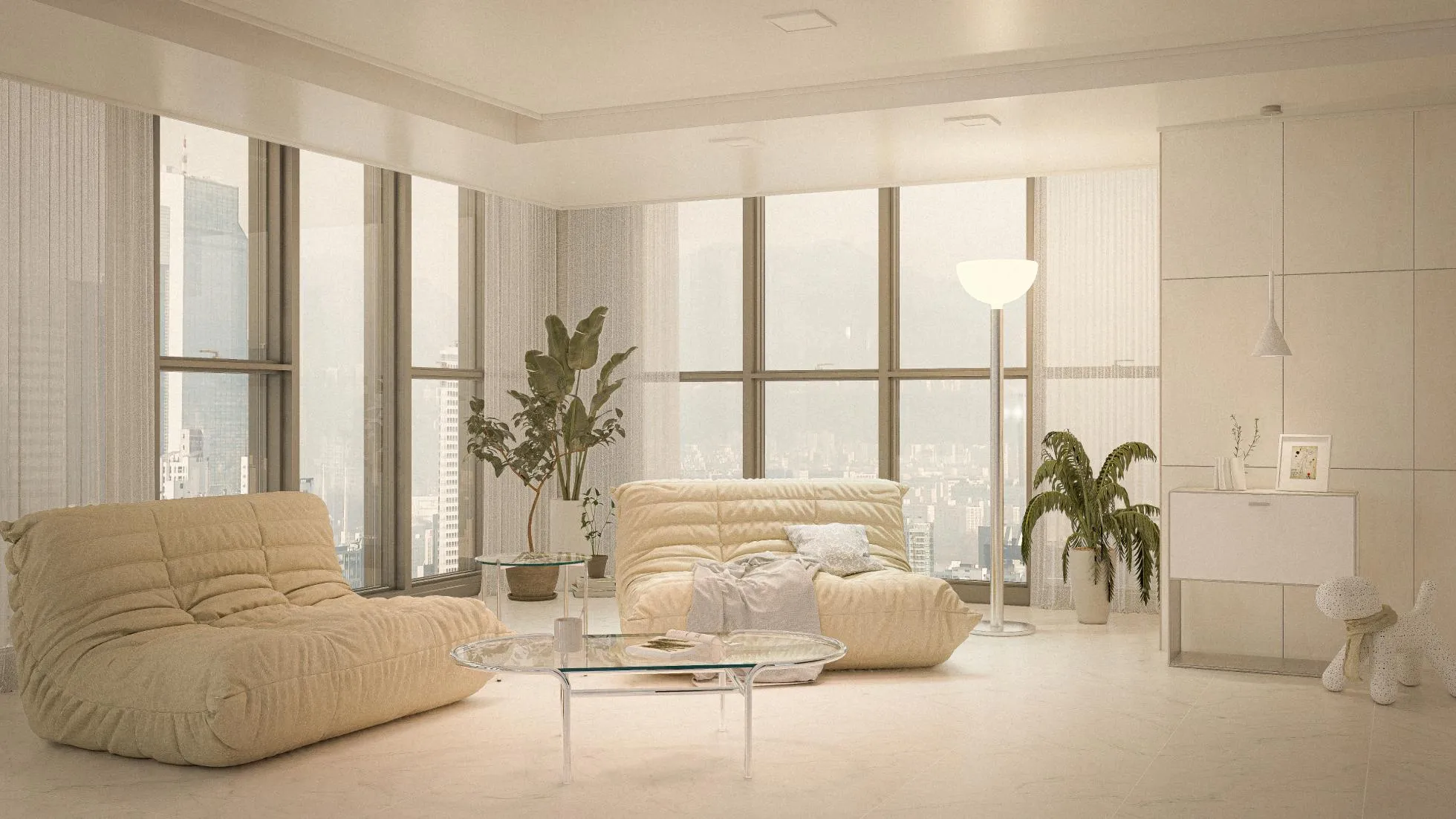 Mid-century modern style white living room in a 30-pyeong apartment